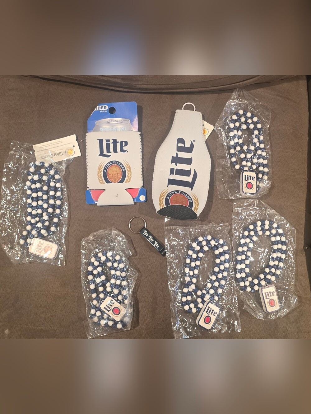 Miller Lite Beer Neoprene Bottle Koozie with Blue & White Beaded Necklace Bundle